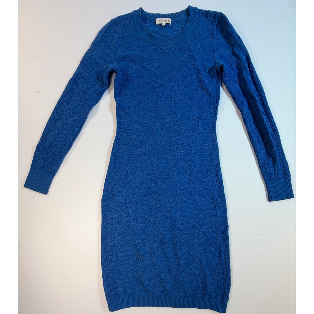 Reiss Bobbina Cobalt Blue Textured Knit Bodycon Long Sleeve Sweater Dress XS